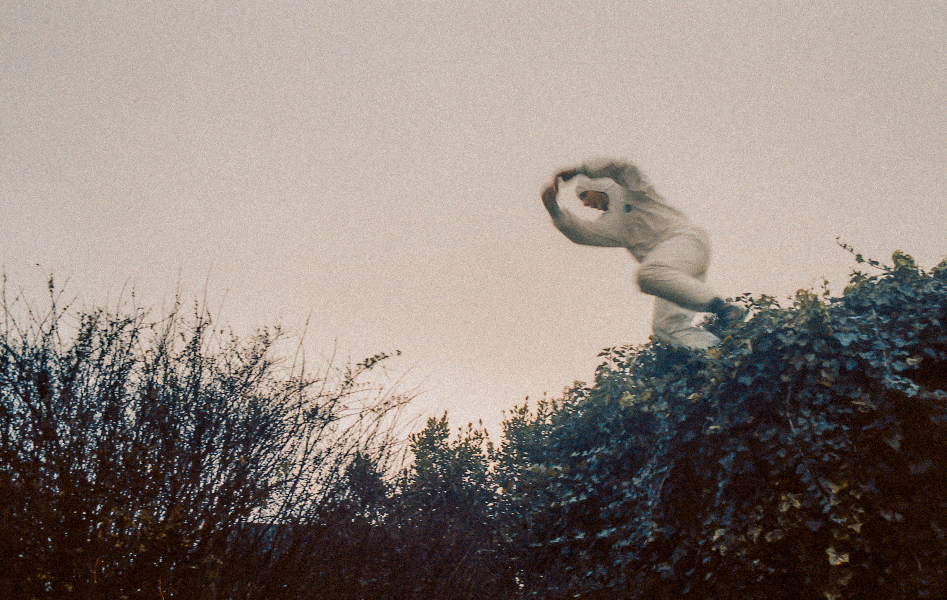 Mushary, France, hobbies – Photograph of a man in a white boiler suit jumping over a hedge.