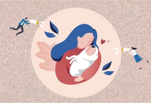 Unsolicited advice mothers: Illustration of a mother holding her baby while people scream with a megaphone in her direction.