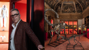 Theatrum Mundi, Luca Cableri, Arezzo – Left: man in a dandy jacket opening a door. Right: two dinosaur skeletons inside a large room with red lighting and frescoes on the ceiling.