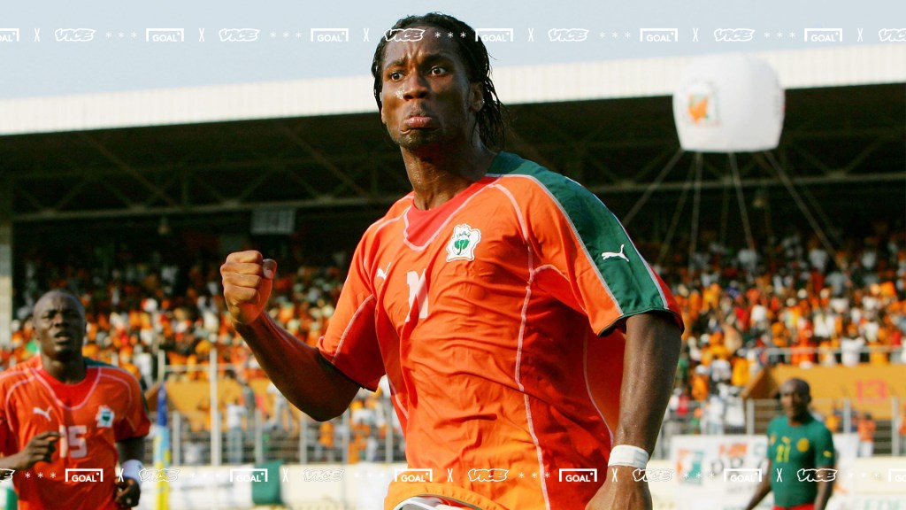 Didier Drogba celebrates scoring a goal for Cote d’Ivoire​ in the Ivory Coast vs Cameroon​ World Cup qualifier match.