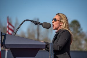 Rep. Marjorie Taylor Greene (R-GA) speaks to supporters of former U.S. President Trump, March 26, 2022 in Commerce, Georgia. (Megan Varner/Getty Images)