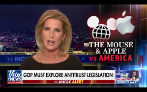 ​A screenshot of Laura Ingraham with a graphic that reads "The Mouse and Apple vs. America"