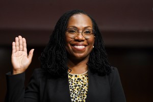 Ketanji Brown Jackson is sworn in to testify before a Senate Judiciary Committee hearing on April 28, 2021 in Washington, DC.