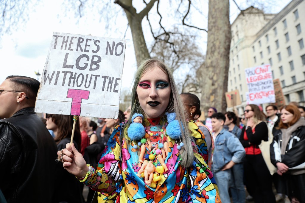 A person dressed in trans flag colours at the trans conversion therapy protest in London, UK