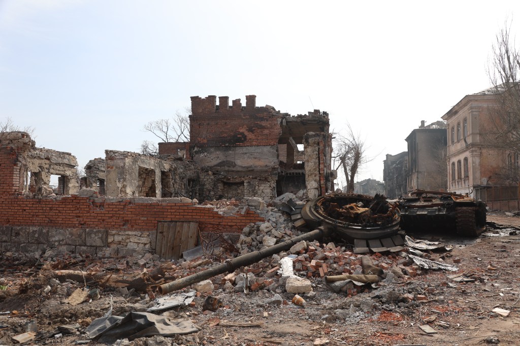 A view of a destroyed armored vehicle during ongoing conflicts in the city of Mariupol under the control of the Russian military and pro-Russian separatists, on April 09, 2022