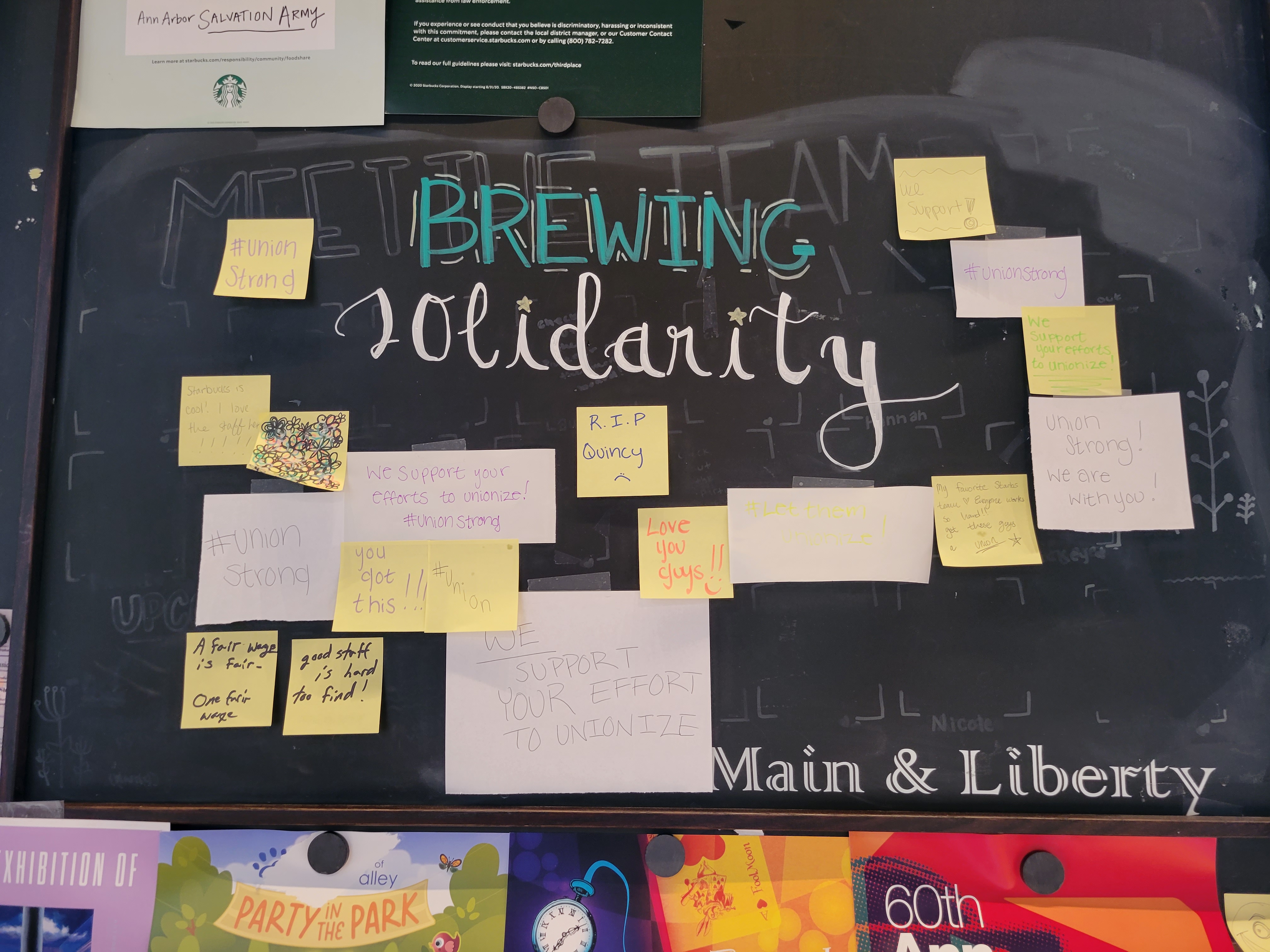 A board full of pro-union Post-It notes at Whitbeck’s store in Ann Arbor. (Courtesy of Hannah Whitbeck)