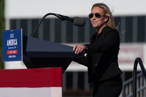 Georgia Republican Rep. Marjorie Taylor Greene speaks at a campaign event headlined by former President Donald Trump in Commerce, Georgia, U.S. on March 26, 2022.