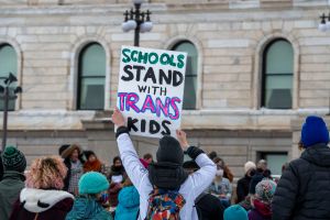 Minnesotans hold a rally at the capitol to support trans kids in Minnesota, Texas, and around the country, March 6, 2022. (Michael Siluk/UCG/Universal Images Group via Getty Images)