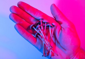 hand holding psilocybin mushrooms in pink and purple light.