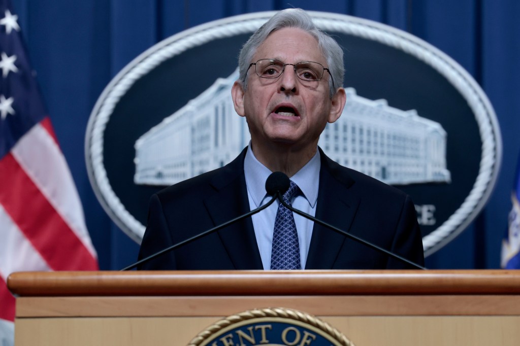 U.S. Attorney General Merrick Garland speaks during a press conference at the U.S. Justice Department on April 06, 2022 in Washington, DC. Garland announced new measures the DOJ would be taking to prosecute criminal Russian activity. (Photo by Anna Moneym