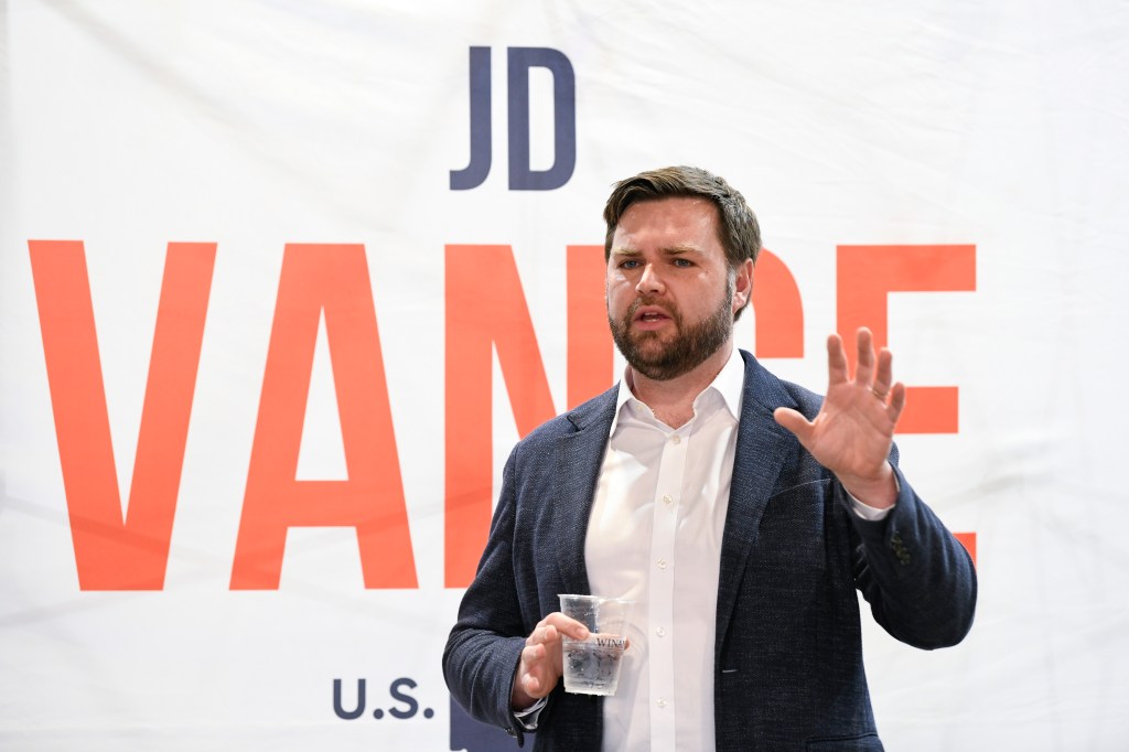 U.S. Senate candidate JD Vance speaks with prospective voters on the campaign trail on April 11, 2022 in Troy, Ohio.