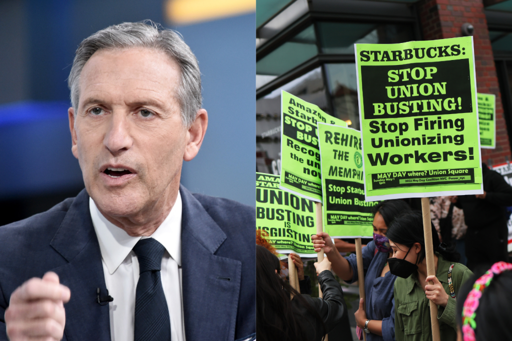 Howard Schultz visits Fox & Friends​ (L) and people hold signs while protesting in front of Starbucks on April 14, 2022 in New York City (R).