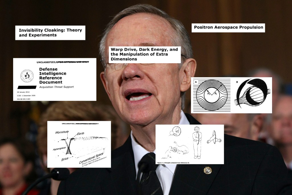 Collage shows a photo of Harry Reid with headlines swirling over his head that include "Invisbility Cloaking: Theories and Experiments."