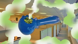 A full cannabis pipe wafts smoke over an office floor