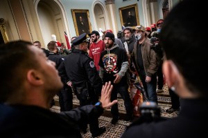 Protesters interact with Capitol Police inside the U.S. Capitol Building on January 06, 2021 in Washington, DC.