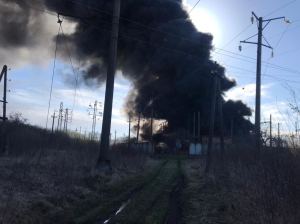 Lviv Governor Maksym Kozytskyy posted this photo of a burning rail station in western Ukraine after a Russian missile strike Monday.