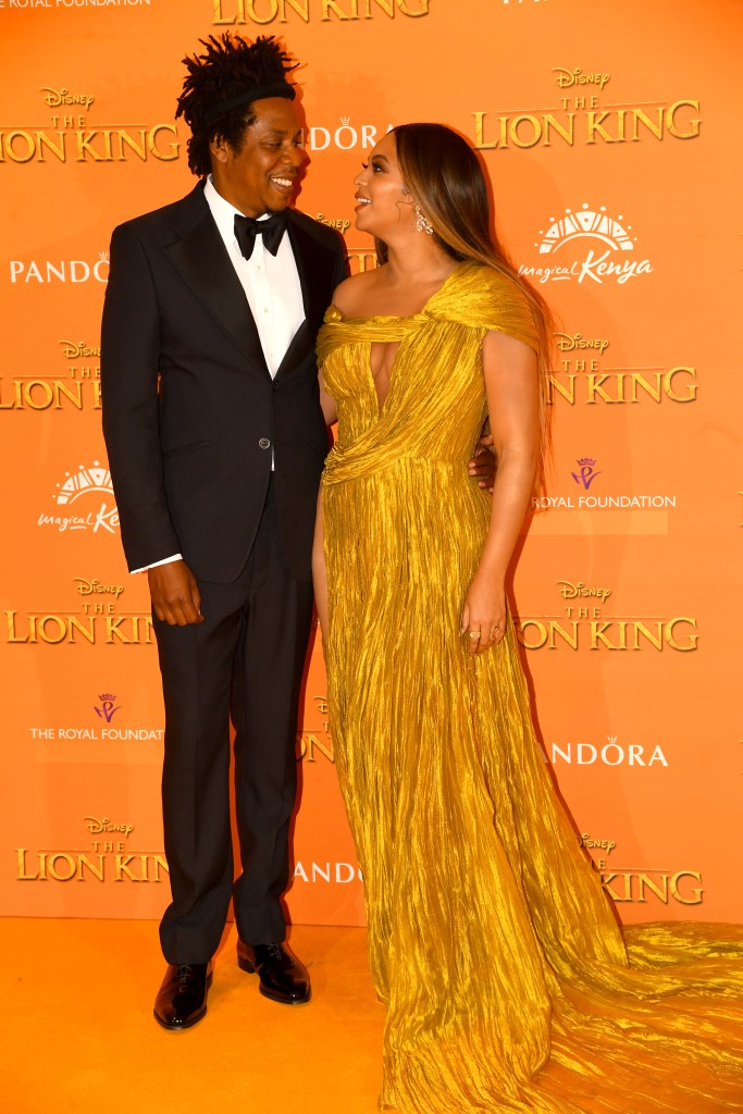 Jay Z and Beyonce Knowles-Carter attend "The Lion King" European Premiere at Leicester Square on July 14, 2019 in London, England.