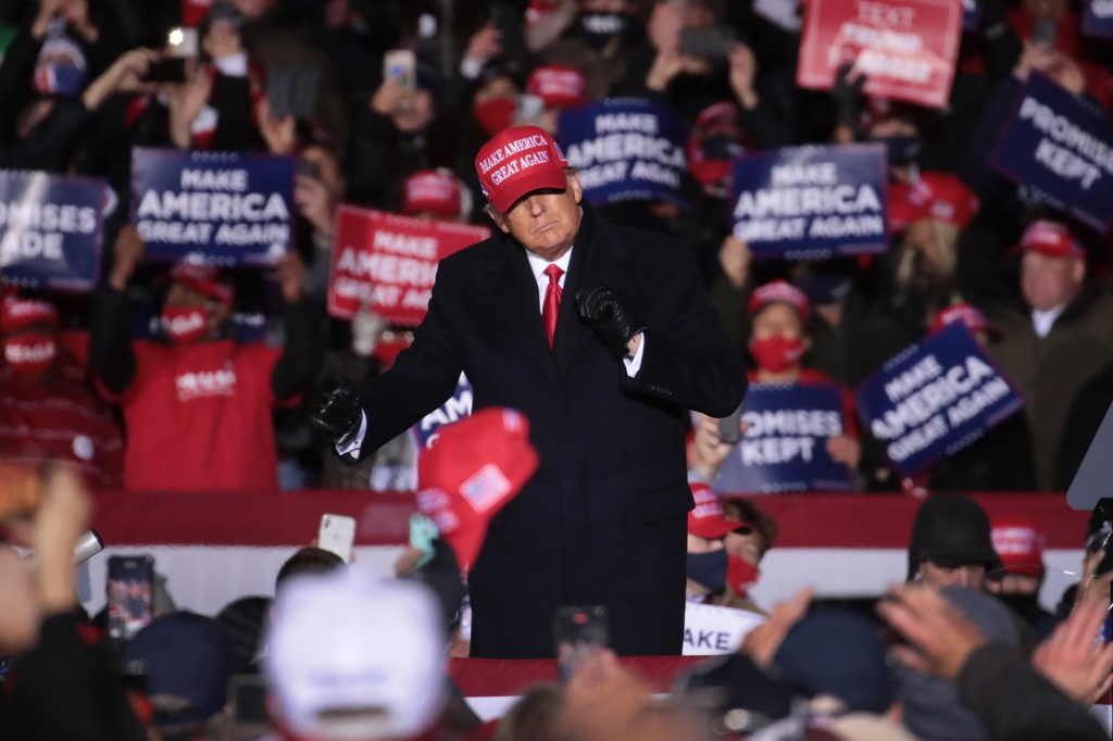 Former President Donald Trump wraps up a campaign rally at the Kenosha Regional Airport on November 02, 2020 in Kenosha, Wisconsin.