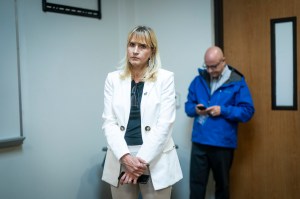 Liz Harrington listens as former President Former President Trump attends a security briefing before touring the US-Mexico border wall, June 30, 2021 in Weslaco, Texas. (Jabin Botsford/The Washington Post via AP, Pool)