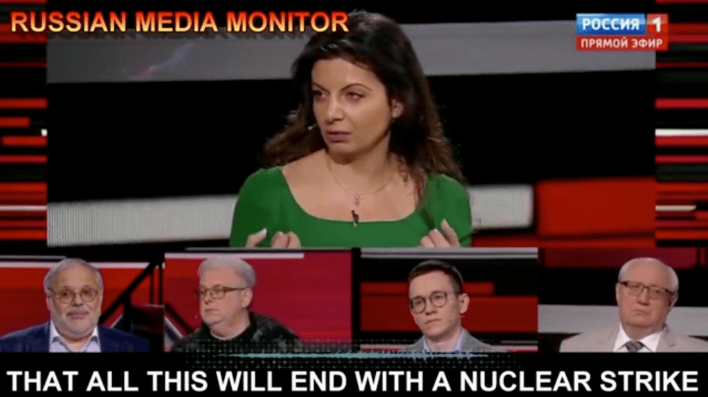 Margarita Simonyan speaking to a panel on Russian state media. Screengrab: Russian state media