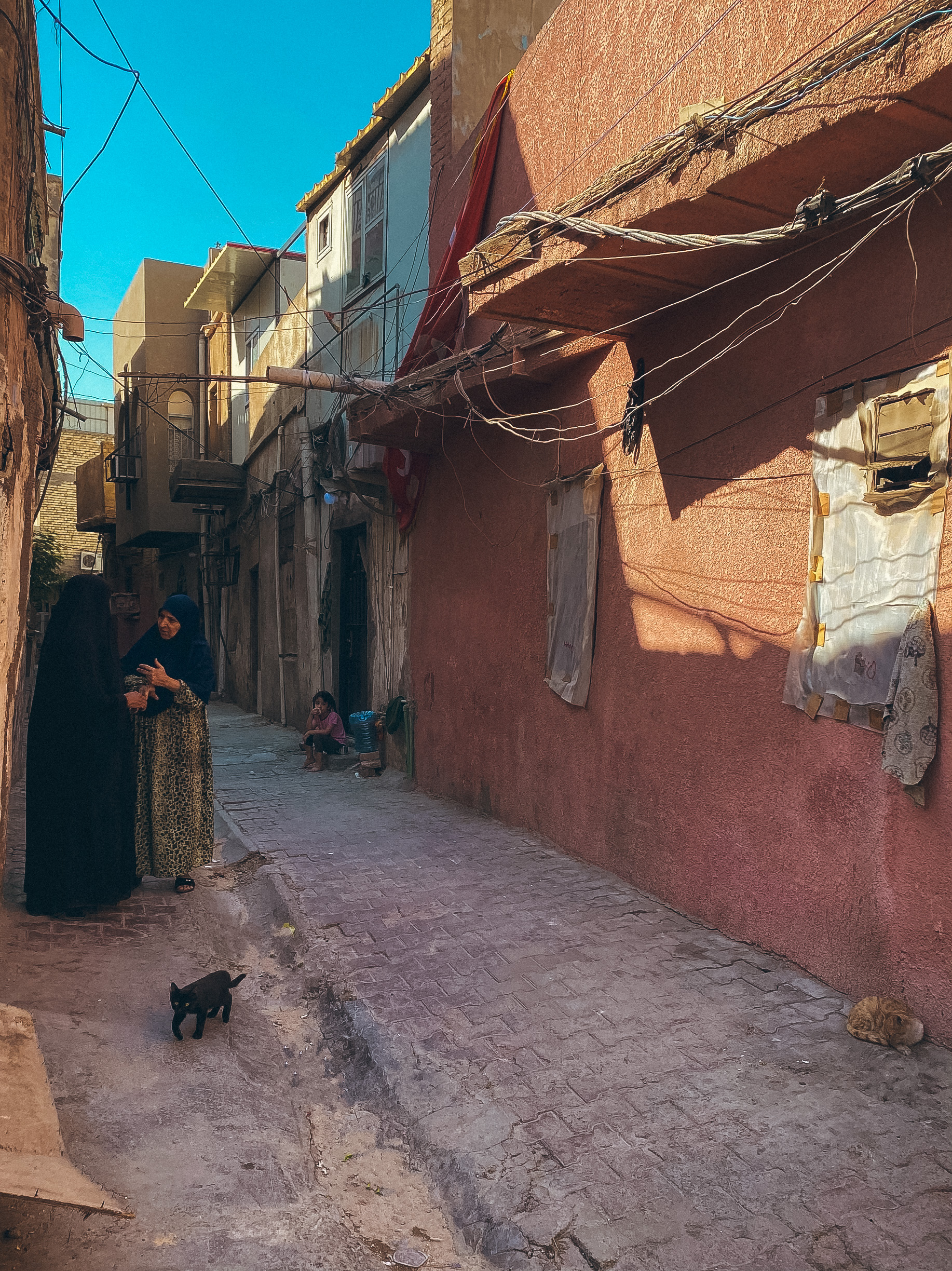 Karimat district, Baghdad – A woman in a black abaya speaking with her neighbour who's wearing a leopard-print dress and a blue headscarf, while a small black cat crosses the street in front of them.