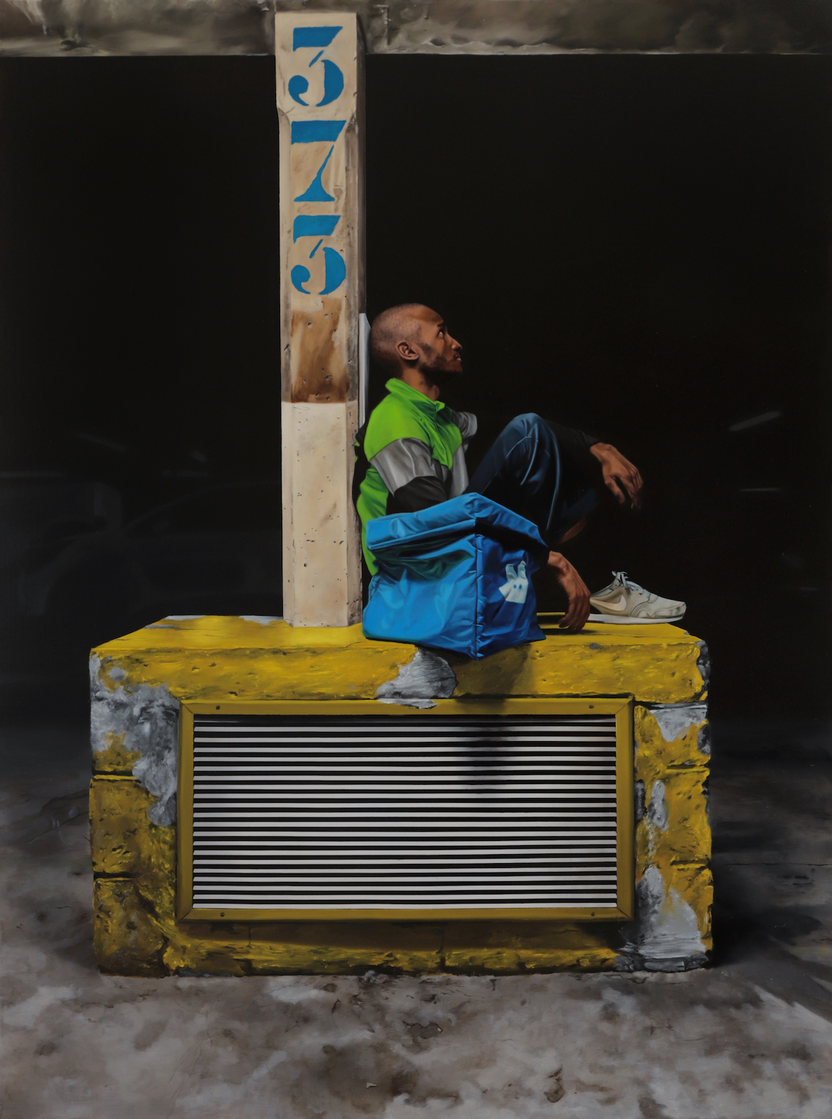 Arnaud Adami, painting, precarious work - Oil painting of a Deliveroo driver sat on a bright yellow block of concrete.