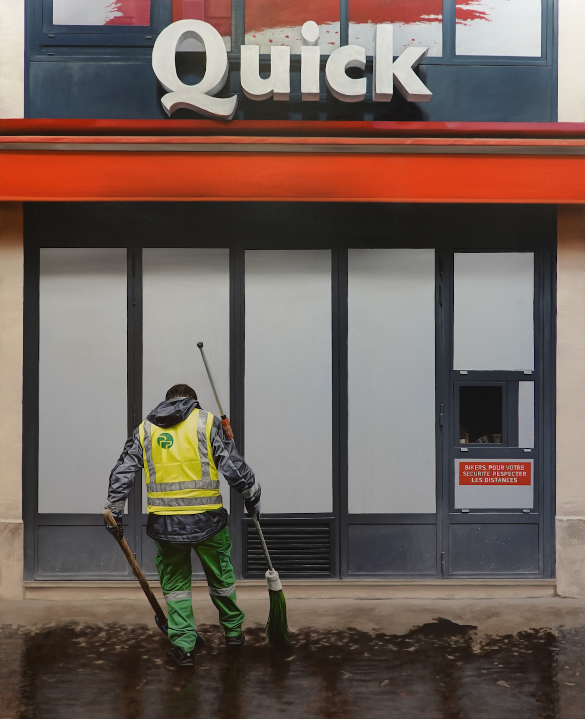 Arnaud Adami, painting, precarious work - Oil painting of a man in a hi-vis jacket sweeping up outside a shop.