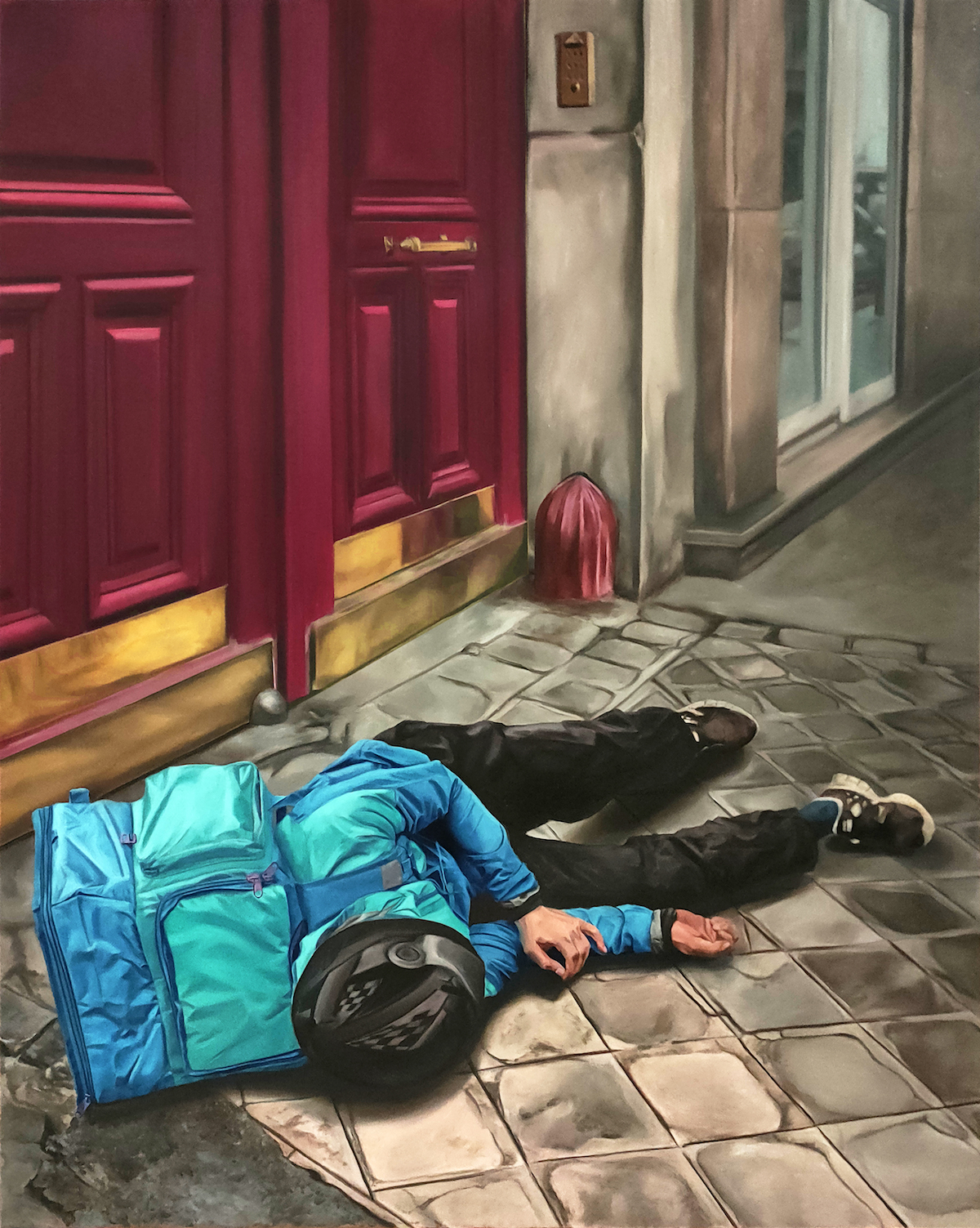 Arnaud Adami, painting, precarious work - Oil painting of a Deliveroo driver lying prone on the pavement.