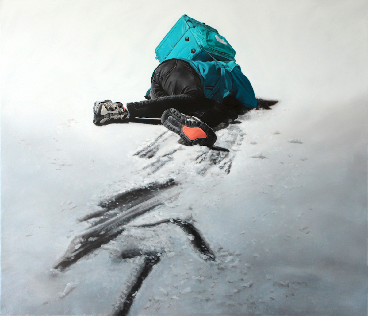 Arnaud Adami, painting, precarious work - Oil painting of a Deliveroo driver lying prone in the snow.