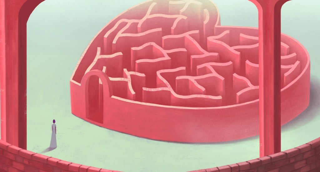 Unrequited love – illustration of a person standing in front of a heart-shaped maze in tones of white and pink.