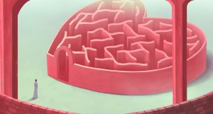 Unrequited love – illustration of a person standing in front of a heart-shaped maze in tones of white and pink.