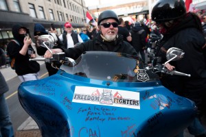 A motorcyclist participating in a convoy-style protest called "Rolling Thunder" in Ottawa, Canada.