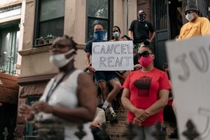 Housing activists gather to protest alleged tenant harassment by a landlord and call for cancellation of rent in the Crown Heights in 2020.