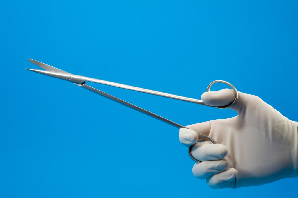 A gloved hand holding medical scissors. Getty Images