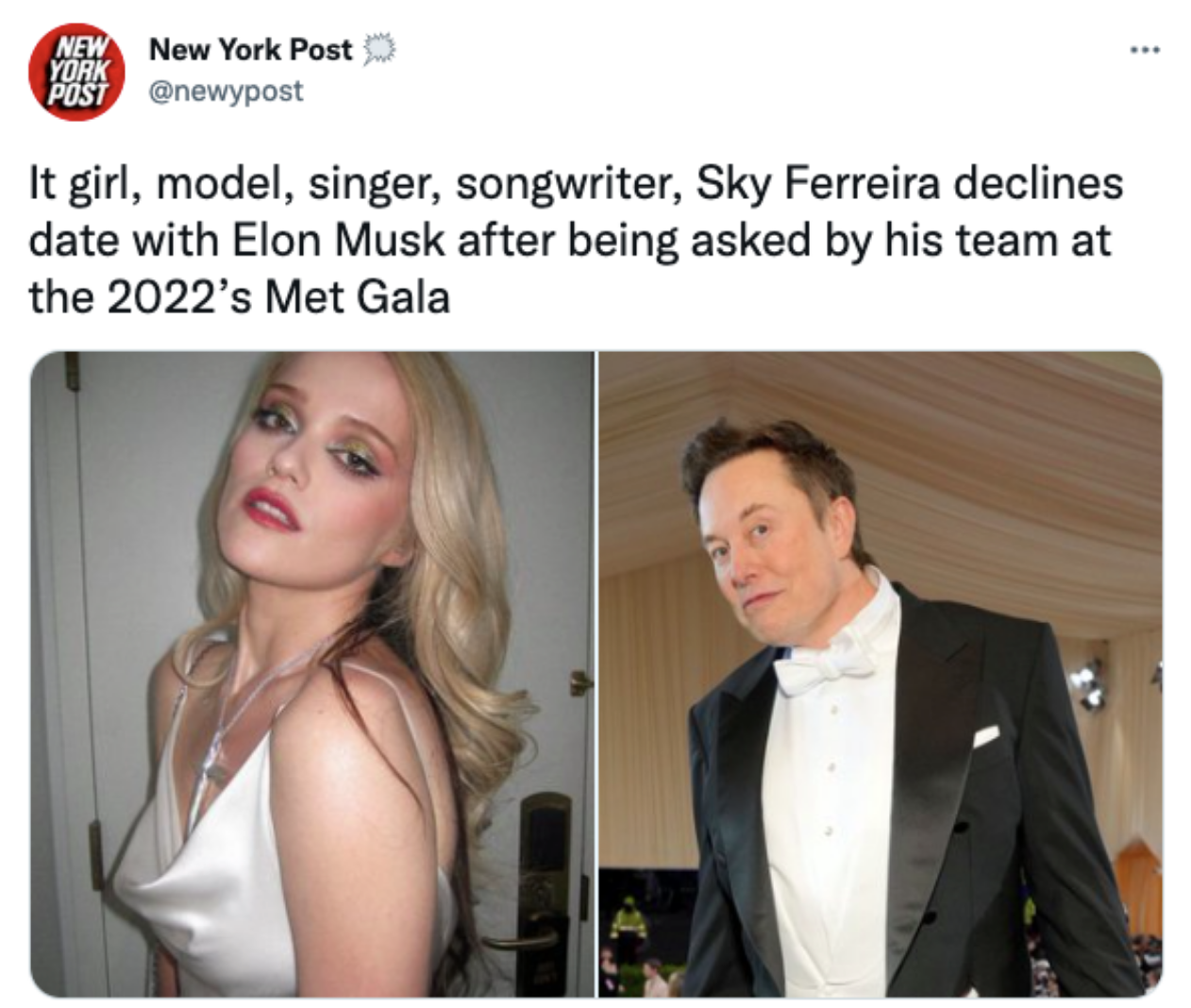 A fake Twitter post from an account pretending to be The New York Post, featuring photos of Elon Musk and Sky Ferreira.