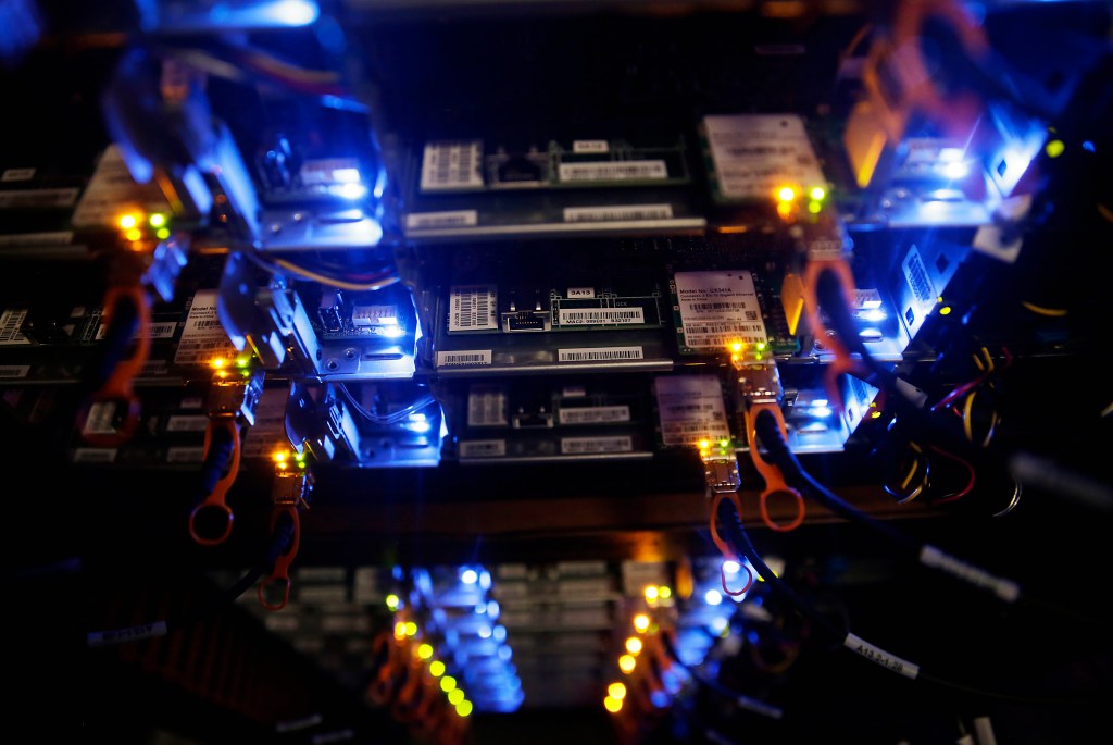 A row of computers inside a Facebook datacenter.