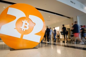 The Bitcoin 2022 conference logo on the conference floor.