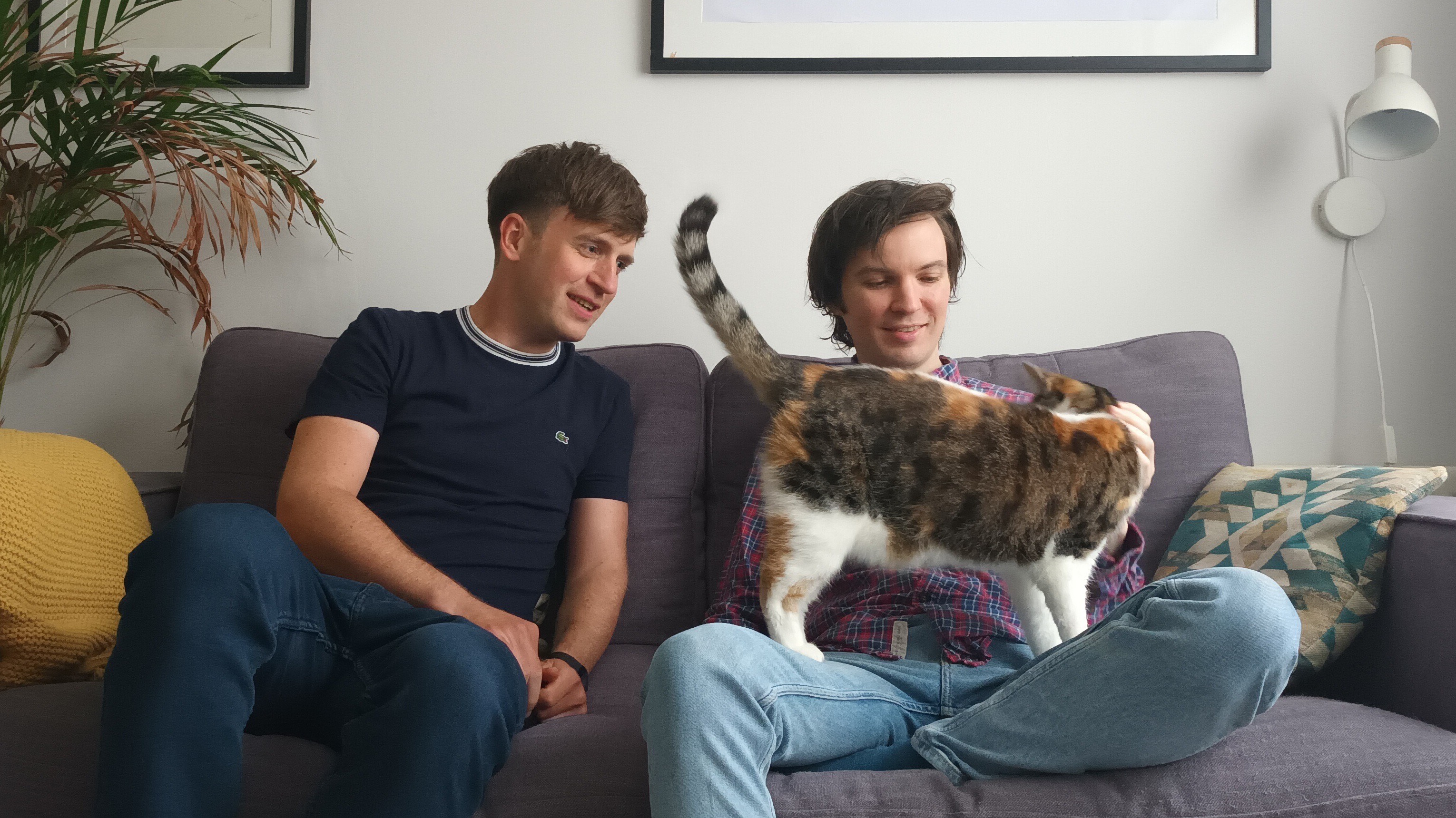 Two gay men who moved out of Manchester sat on a sofa with their cat