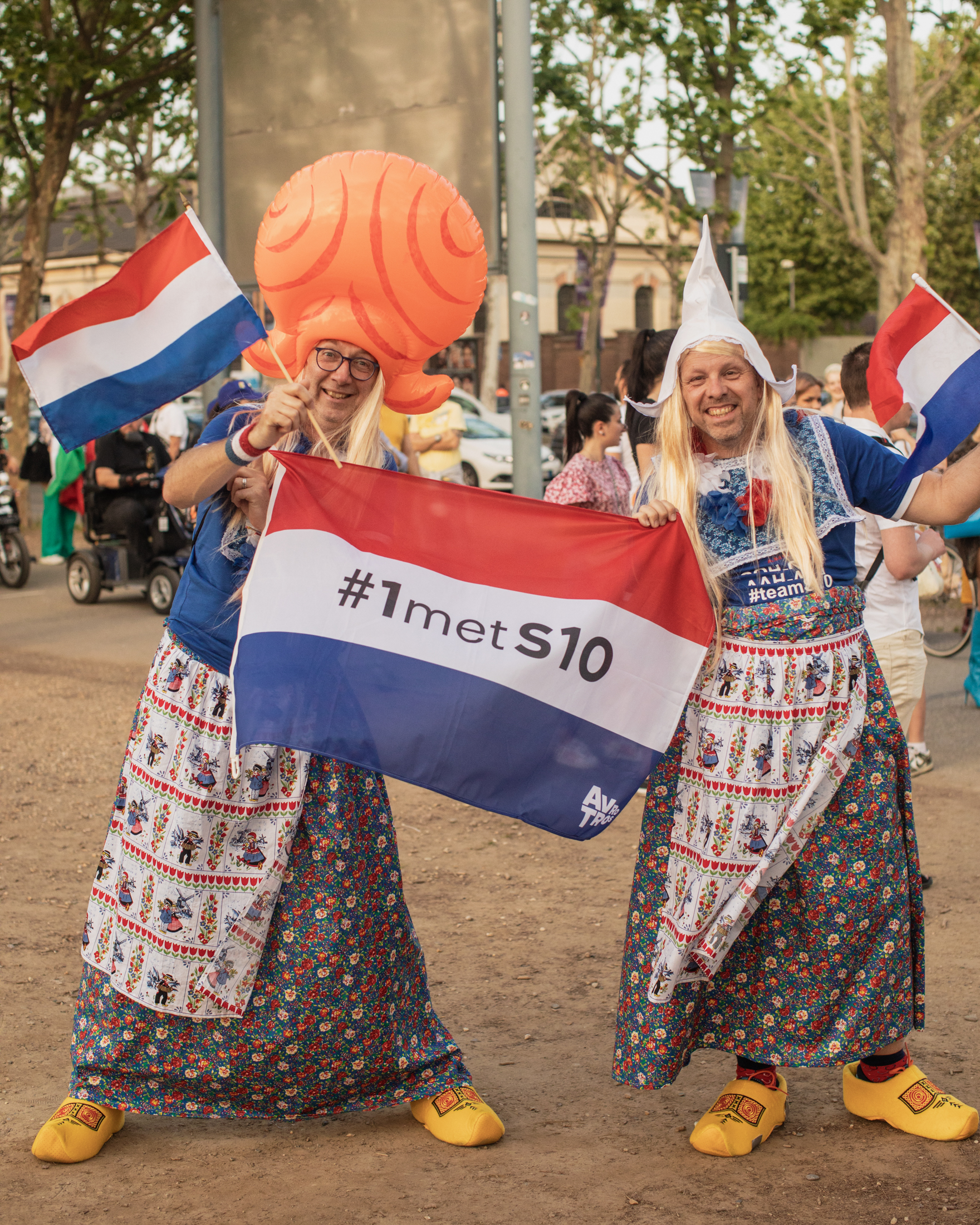 Two Eurovision 2022 fans in Turin in Dutch costumes