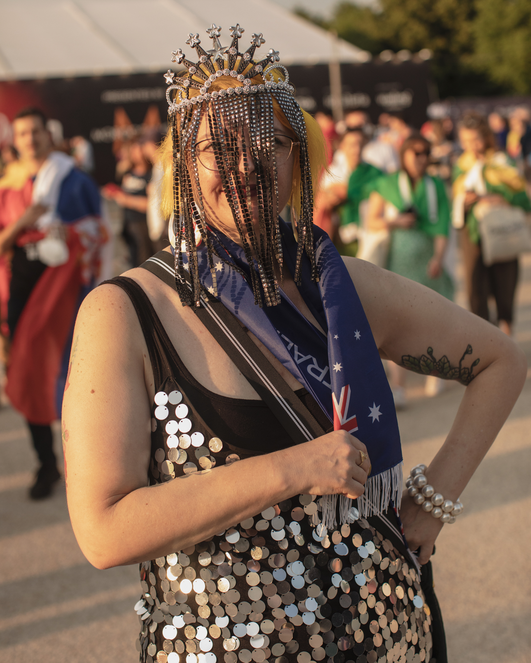 A Eurovision 2022 fan in Turin dressed in sparkly sequins