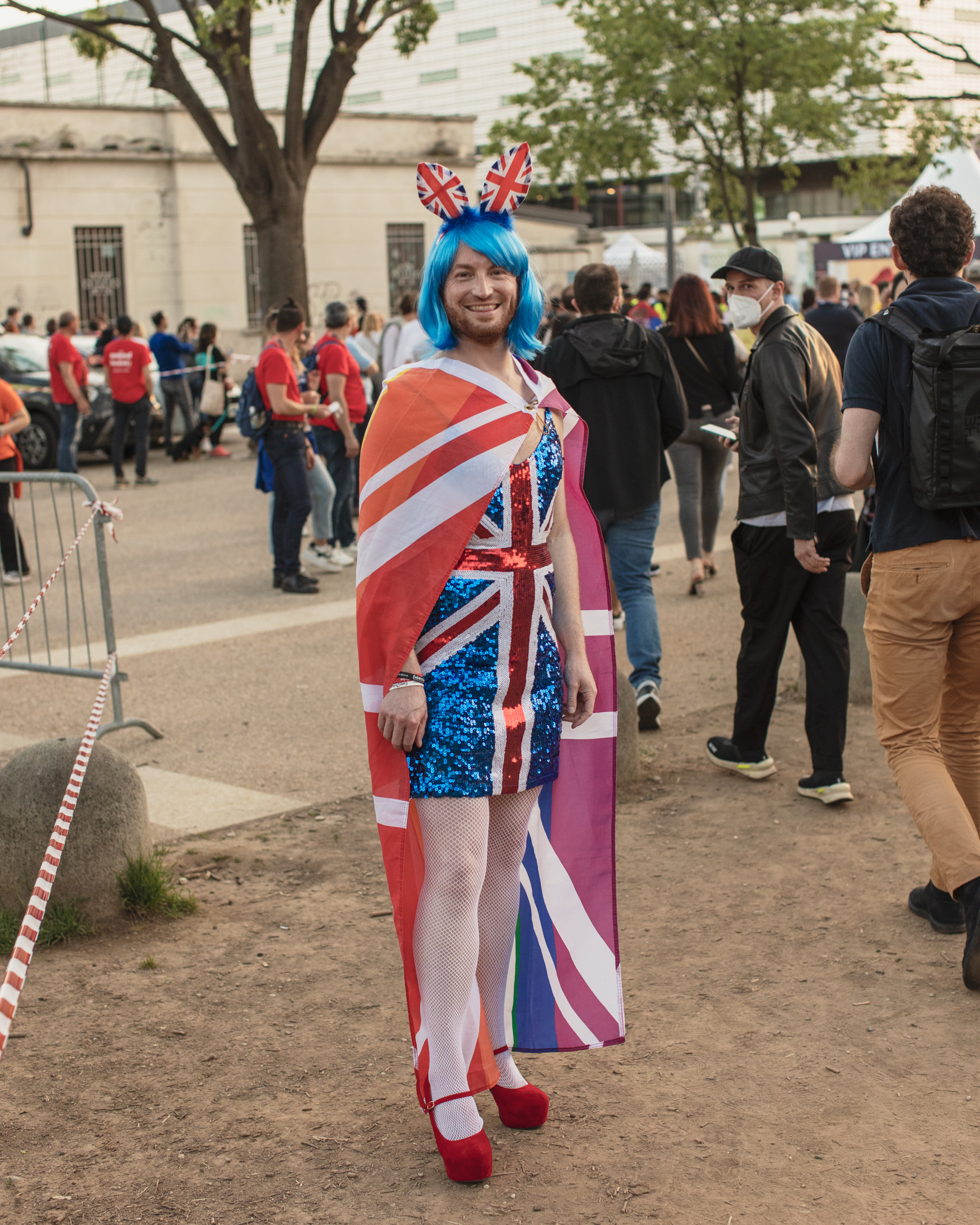 A Eurovision 2022 fan dressed in British flag costume