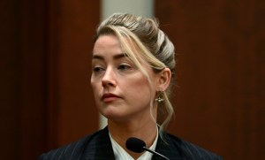 Actor Amber Heard testifies in the courtroom at the Fairfax County Circuit Courthouse