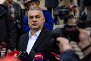 Hungarian Prime Minister Viktor Orban speaks to media after casting his ballot during the general parliamentary elections on April 3, 2022 in Budapest, Hungary. (Janos Kummer/Getty Images)