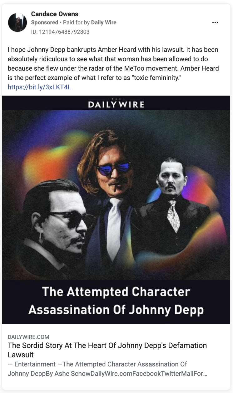 Facebook ad library shows how a Daily Wire article on was promoted on Candace Owens's Facebook page. Image: Facebook