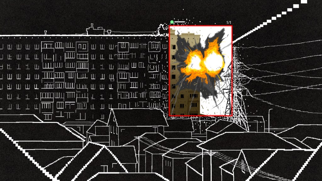 An illustration of an NFT of an airstrike on a Ukrainian apartment building in a red frame superimposed over a dark, digital image of the city.