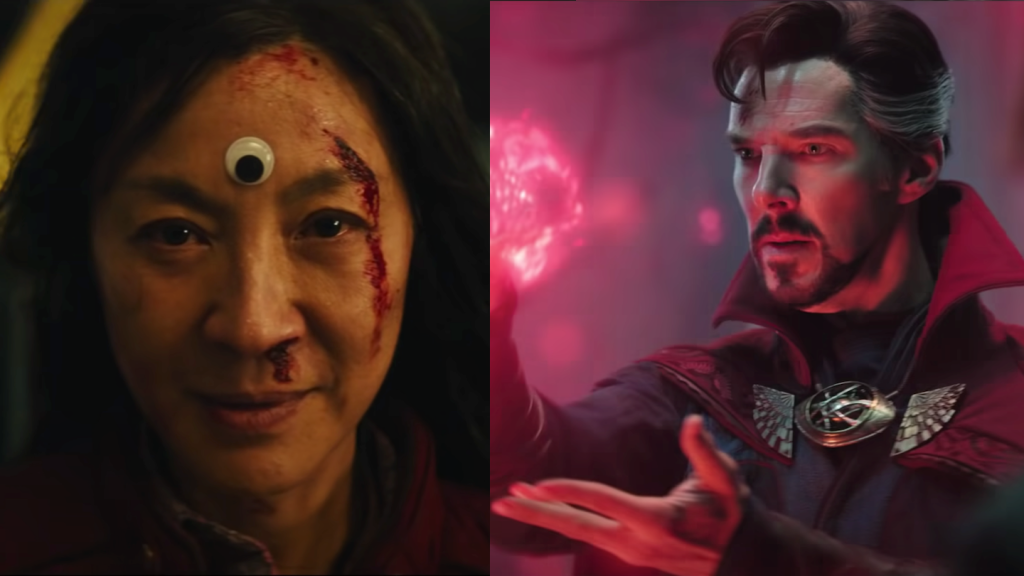 Screenshots from Everything Everywhere All At Once and Doctor Strange and the Multiverse of Madness