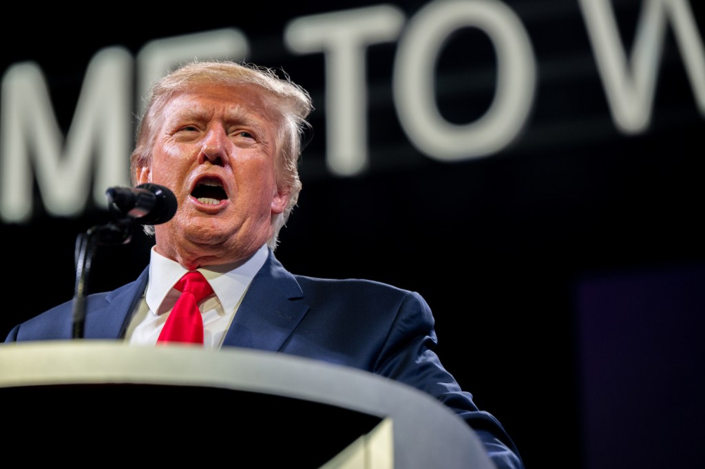 Former U.S. President Donald Trump speaks during the American Freedom Tour at the Austin Convention Center on May 14, 2022 in Austin, Texas.  (Brandon Bell/Getty Images)