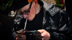 Gord, a drug user in B.C., takes a hit of benzo dope.