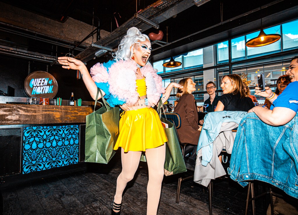 Drag queen Karma Doll performing at Queen of Hoxton drag brunch.