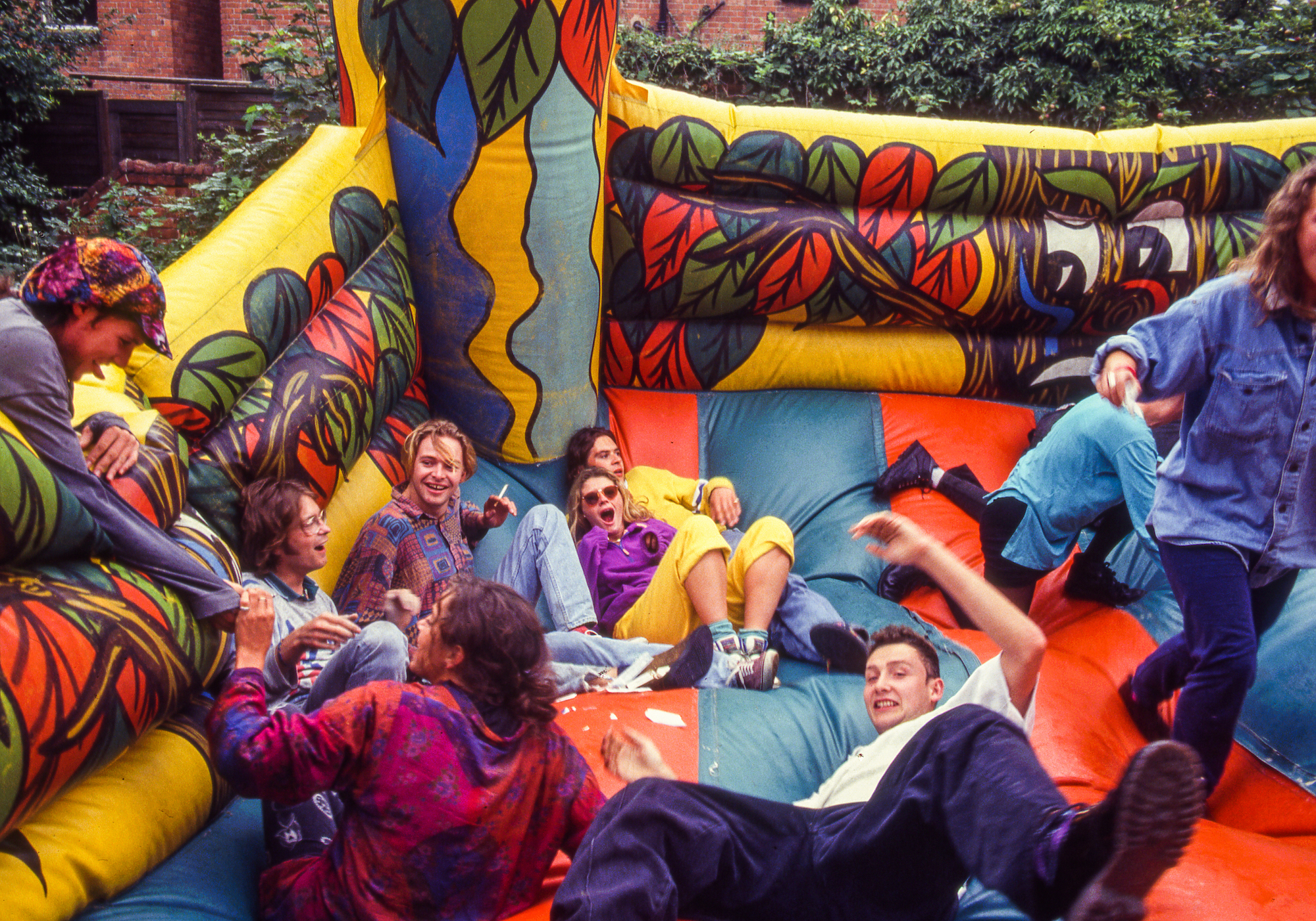 Castlemorton ravers on a bouncy castle, photo by Alan Lodge